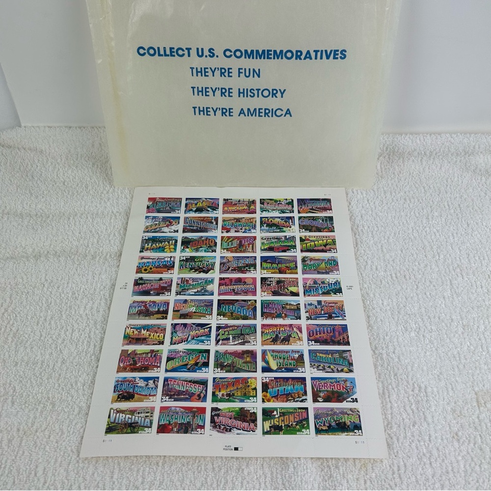 VTG 2001 U.S. Commemorative Postage Stamp Sheet - Colorful '50' State Designs